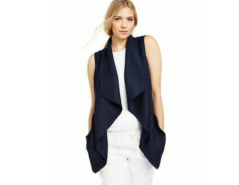 Charter Club Draped Vest Frayed-Trim Sleeveless Linen Blue Medium Pockets